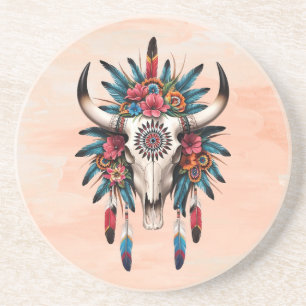 Boho Chic Watercolor Tribal Floral Cow Skull Coaster