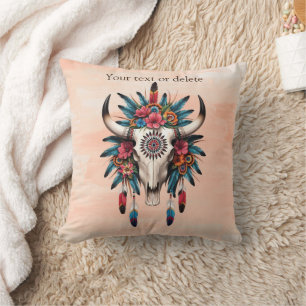 Boho Chic Watercolor Tribal Floral Cow Skull Cushion