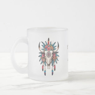 Boho Chic Watercolor Tribal Floral Cow Skull  Frosted Glass Coffee Mug