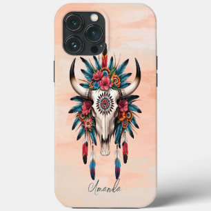Boho Chic Watercolor Tribal Floral Cow Skull iPhone 13 Pro Max Case