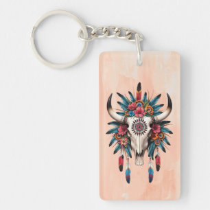 Boho Chic Watercolor Tribal Floral Cow Skull  Key Ring