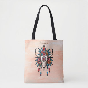 Boho Chic Watercolor Tribal Floral Cow Skull  Tote Bag