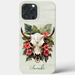 Boho Chic Watercolor Tropical Floral Cow Skull  iPhone 13 Pro Max Case