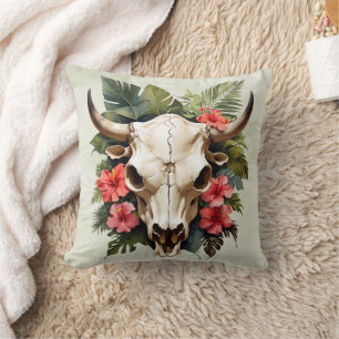 Boho Chic Watercolor Tropical Floral Cow Skull  Cushion