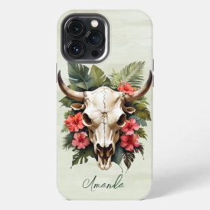 Boho Chic Watercolor Tropical Floral Cow Skull iPhone 13 Pro Max Case
