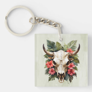Boho Chic Watercolor Tropical Floral Cow Skull  Key Ring