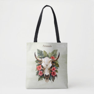 Boho Chic Watercolor Tropical Floral Cow Skull Tote Bag