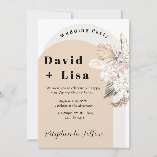 Boho Chic Wedding with Pampas Grass and Pink Roses Invitation (Front)