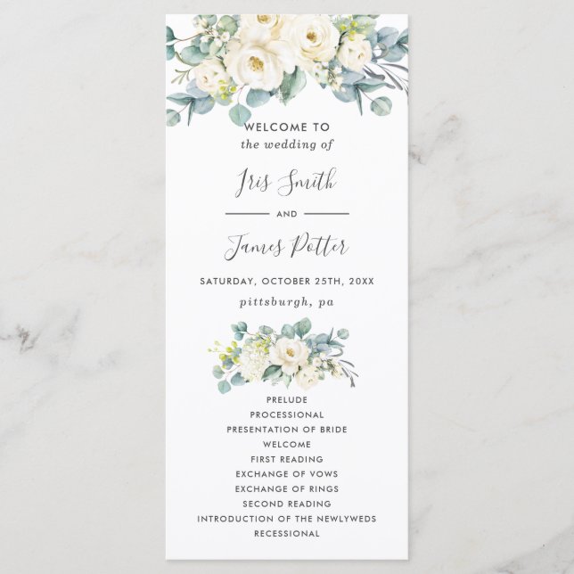 Boho Chic White Floral Eucalyptus Wedding Program Programme (Front)