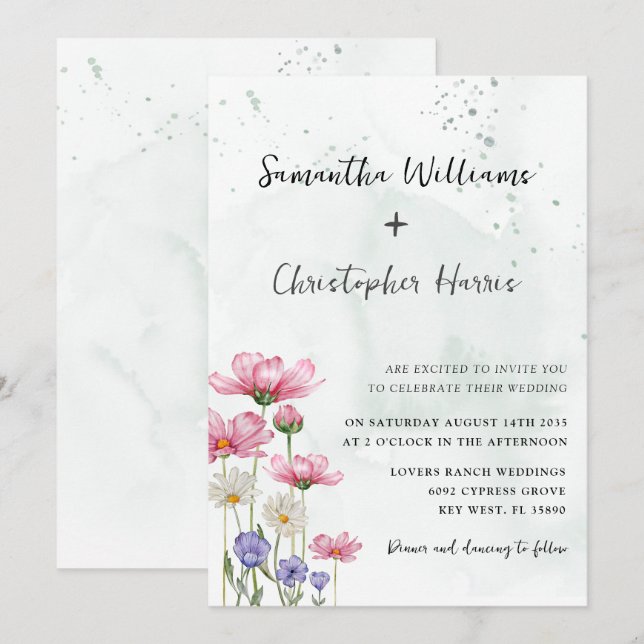 Boho Chic Wild Flower Watercolor Wedding  Invitation (Front/Back)