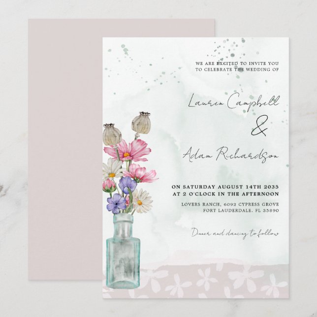 Boho Chic Wild Flower Watercolor Wedding  Invitation (Front/Back)