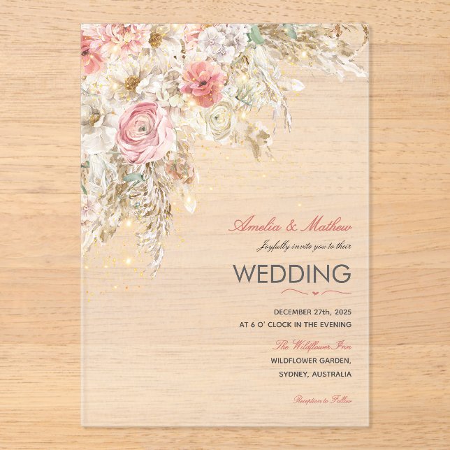 Boho Chic Wildflower Autumn Rustic Floral Wedding  Acrylic Invitations (Front)