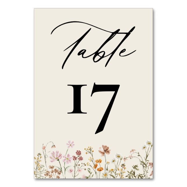 Boho Chic Wildflower Modern Wedding Table Number (Front)