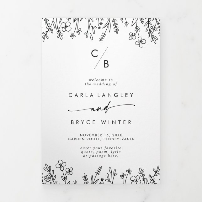 Boho Chic Wildflower Monogram Wedding Tri-Fold Programme (Cover)