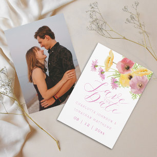 Boho Chic Wildflower Pink Floral Photo Wedding Save The Date