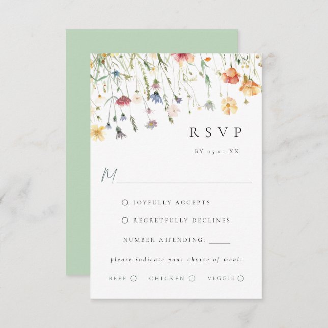 Boho Chic Wildflower Wedding Meal Choice RSVP Card (Front/Back)