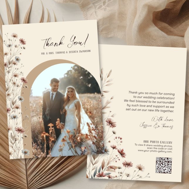 Boho Chic Wildflowers Arch Photo QR Code Wedding Thank You Card (Front/Back)