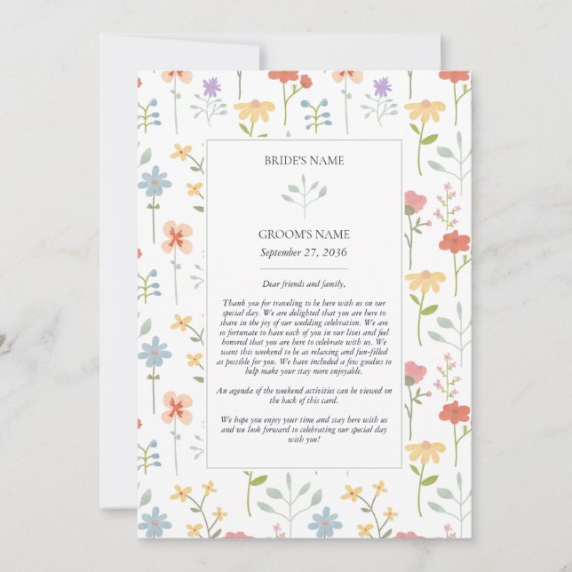 Boho Chic Wildflowers Floral Wedding Itinerary (Front)