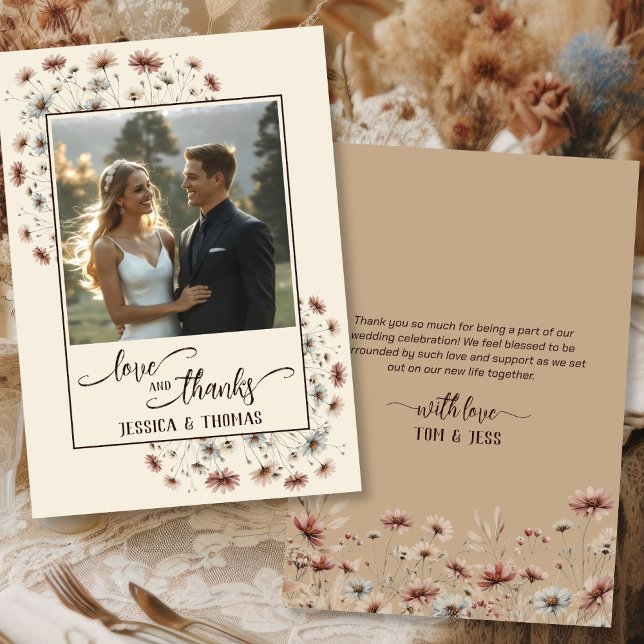 Boho Chic Wildflowers Love & Thanks Wedding Photo Thank You Card (Front/Back)