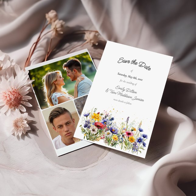 Boho Chic Wildflowers Modern 3 Photo Save The Date (Creator Uploaded)