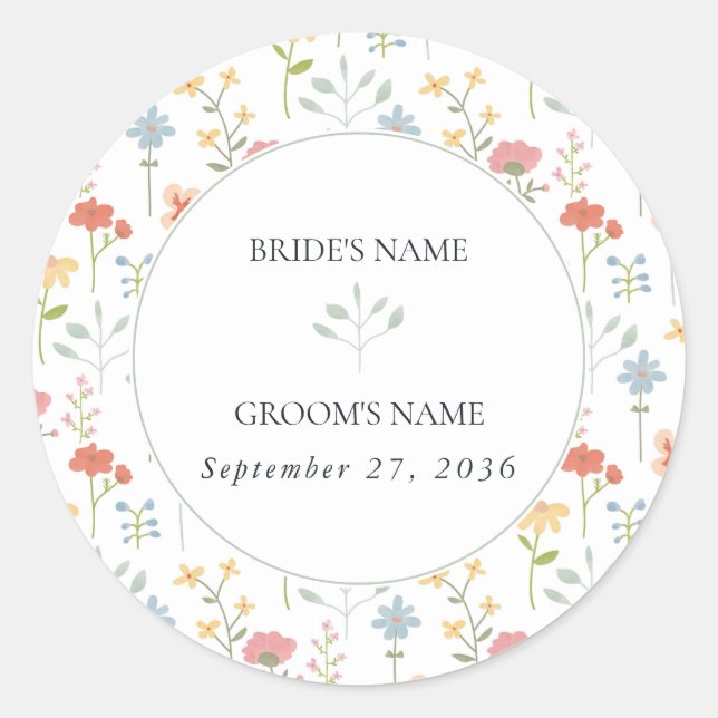 Boho Chic Wildflowers Modern Floral Wedding Classic Round Sticker (Front)