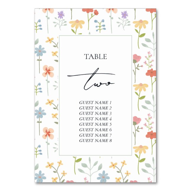 Boho Chic Wildflowers Modern Floral Wedding Guest Table Number (Front)