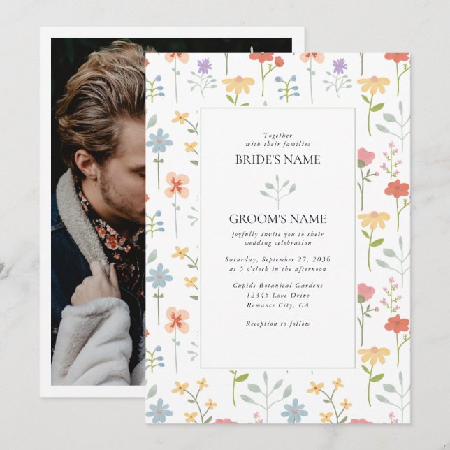 Boho Chic Wildflowers Modern Floral Wedding Invitation (Front/Back)
