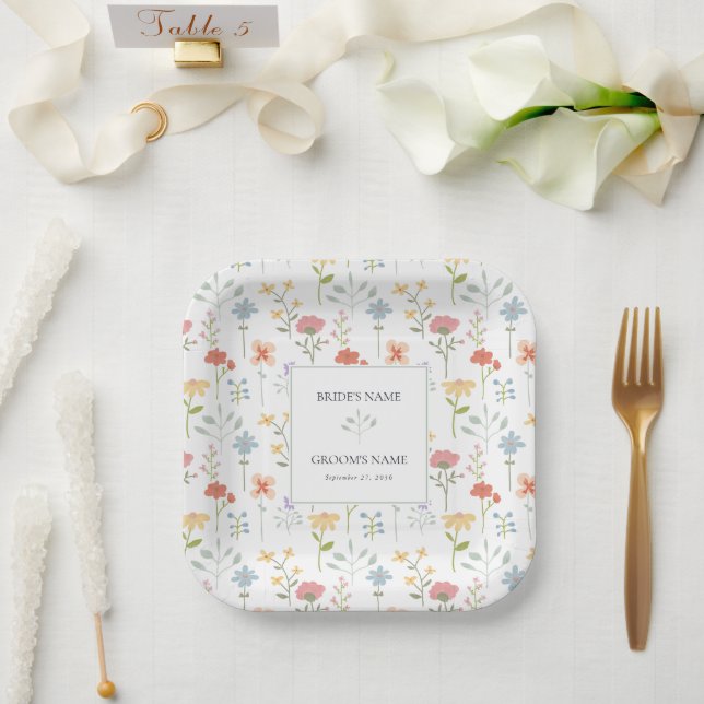 Boho Chic Wildflowers Modern Floral Wedding Paper Plate (Wedding)
