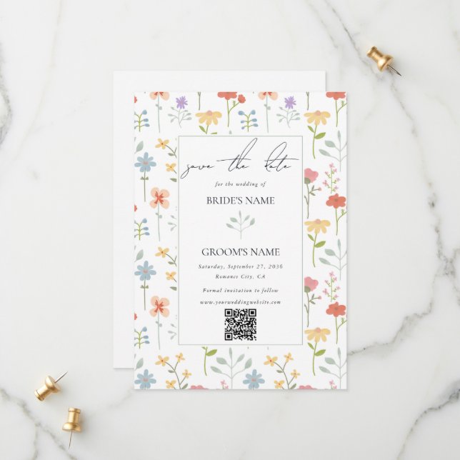 Boho Chic Wildflowers Modern Floral Wedding Save The Date (Front/Back In Situ)