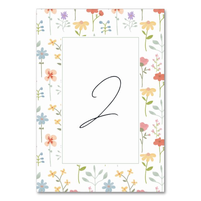 Boho Chic Wildflowers Modern Floral Wedding Table Number (Front)