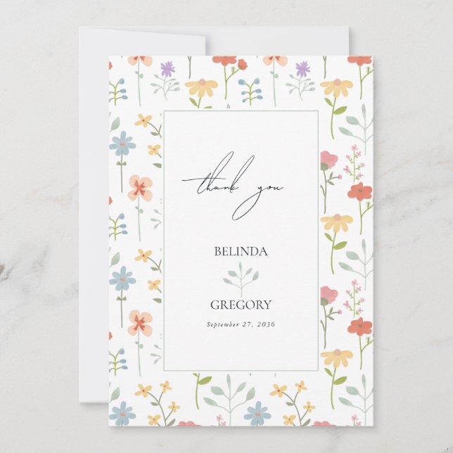 Boho Chic Wildflowers Modern Floral Wedding Thank You Card (Front)