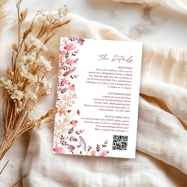 Boho Chic Wildflowers QR Code Wedding Details Enclosure Card (Creator Uploaded)