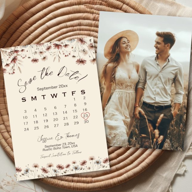 Boho Chic Wildflowers Wedding Calendar & Photo Save The Date (Front/Back)