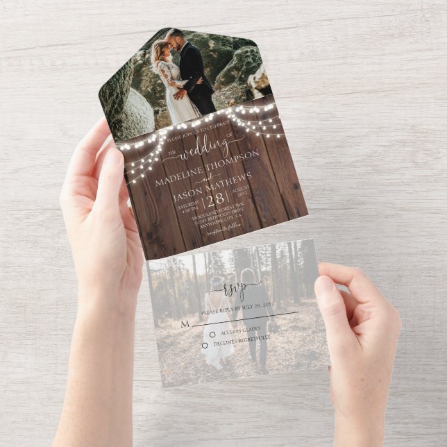 Boho Chic Wood String Lights Photo RSVP Wedding All In One Invitation (Tearaway)