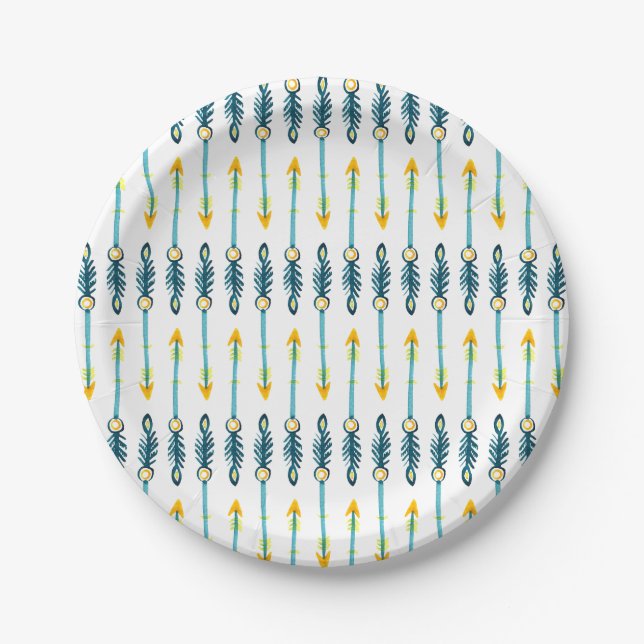boho chic yellow blue watercolor arrows plates (Front)