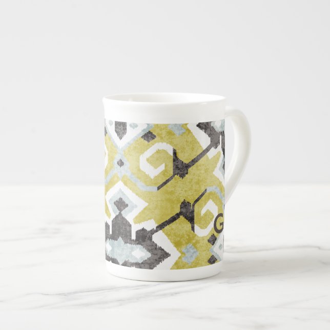 Boho chic yellow ikat tribal pattern monogram bone china mug (Front Right)