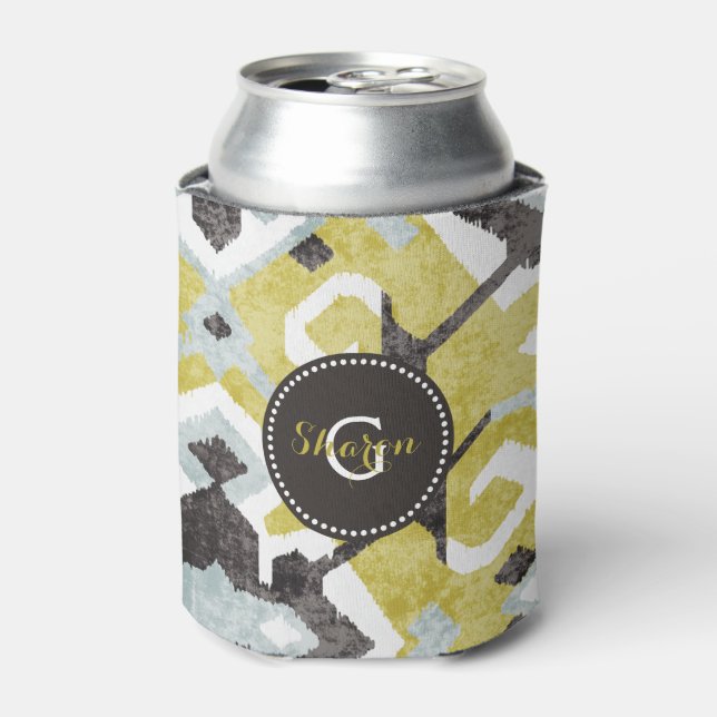 Boho chic yellow ikat tribal pattern monogram can cooler (Can Front)