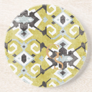 Boho chic yellow ikat tribal pattern monogram coaster