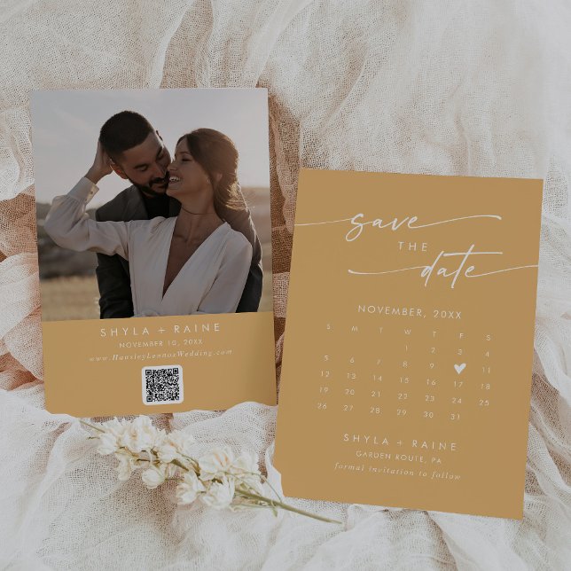 Boho Chic Yellow Marigold QR Code Photo Calendar Save The Date (Creator Uploaded)