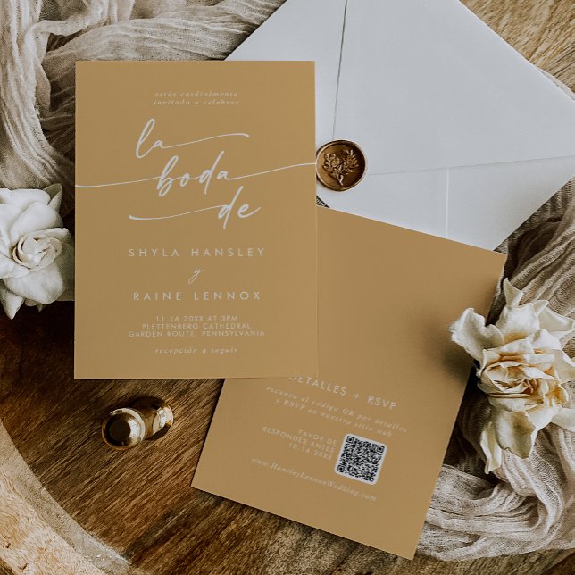 Boho Chic Yellow Marigold QR Code Spanish Wedding Invitation (Boho Chic Yellow Marigold QR Code Spanish Wedding Invitation)