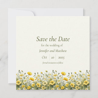 Boho Chic Yellow Wildflowers, Olive Save the Date Invitation