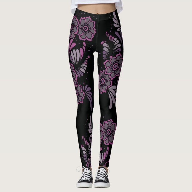 Boho Chic Yoga Zen Purple Floral Mandala Pattern Leggings (Front)