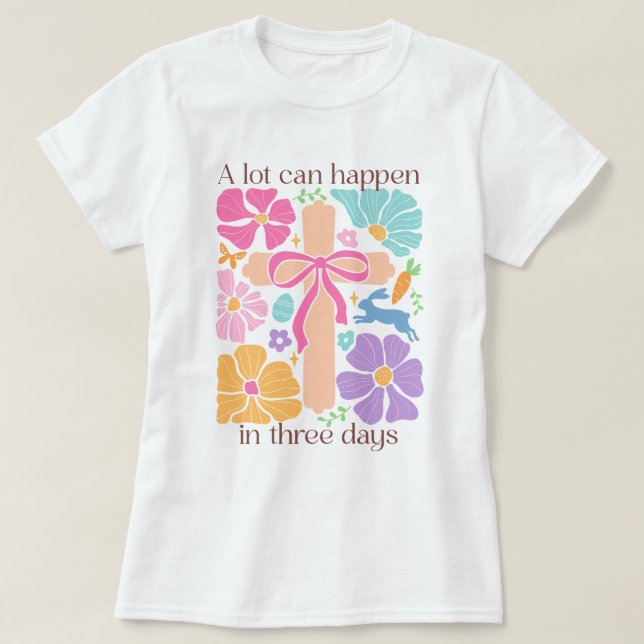 Boho Christian Easter Cross with Coquette Bow T-Shirt (Design Front)