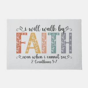 Boho Christian Walk by Faith Bible Verse Floral Doormat