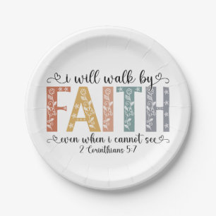 Boho Christian Walk by Faith Bible Verse Floral Paper Plate