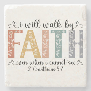 Boho Christian Walk by Faith Bible Verse Floral Stone Coaster