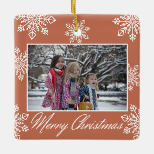 Boho Christmas 2 Photo White Snowflakes Terracotta Ceramic Ornament