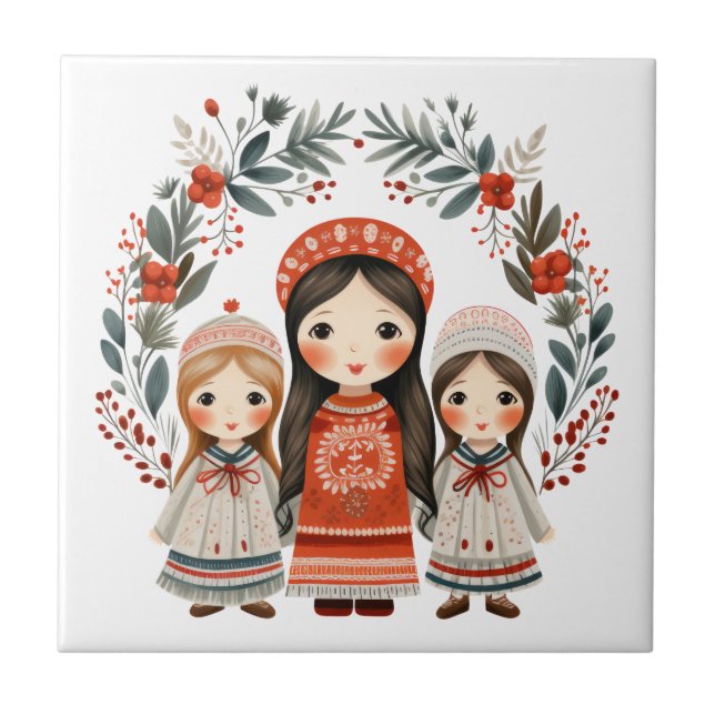 Boho Christmas Girls Scandinavian Folk Art Tile (Front)