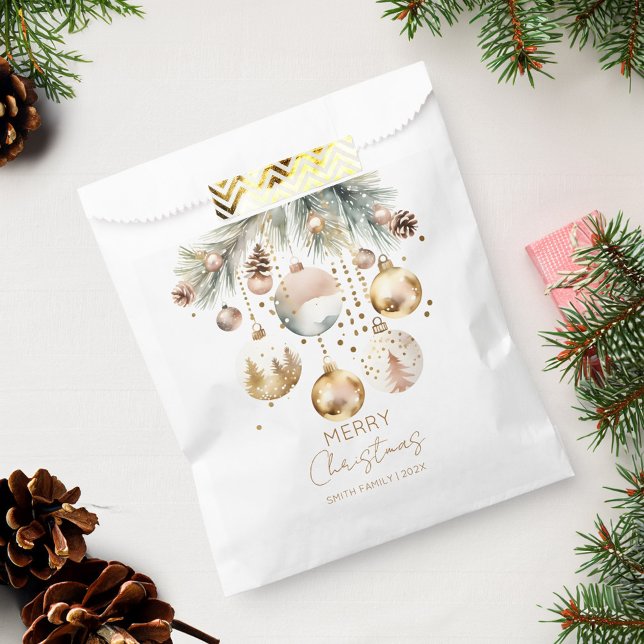 Boho Christmas holiday snowy pines gold baubles Favour Bags (Boho Christmas holiday snowy pines gold baubles Favor Bag Christmas party favor bags)