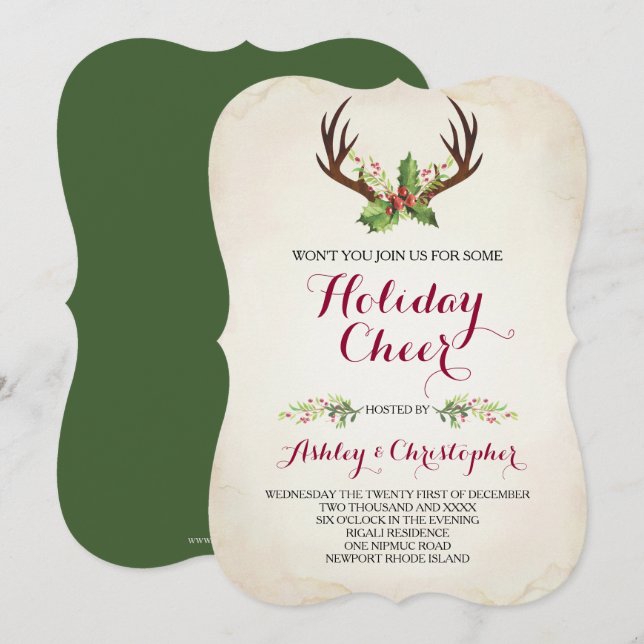 Boho Christmas Invite ~ Rustic Deer Antler (Front/Back)